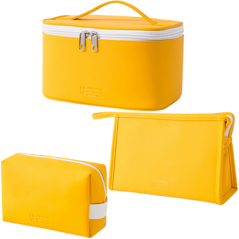 MIRASON Cosmetic Bag Set of 3 Makeup Bag for Purse Pouch Travel Beauty Zipper Organizer Bag Gifts for Women, PU Leather Washable Waterproof (Yellow)