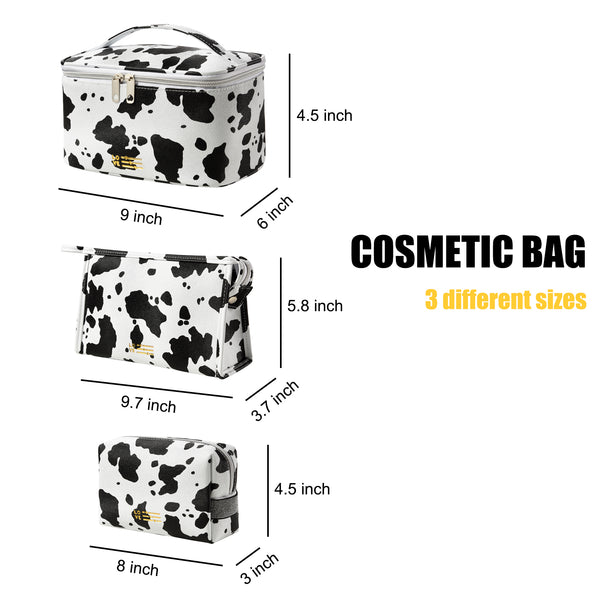 MIRASON Cosmetic Bag Set of 3 Makeup Bag for Purse Pouch Travel Beauty Zipper Organizer Bag Gifts for Women, PU Leather Washable Waterproof (Cow Print)