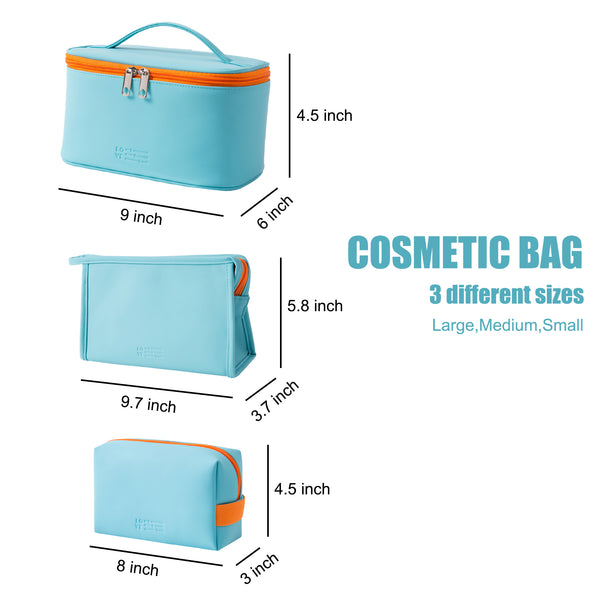 MIRASON Cosmetic Bag Set of 3 Makeup Bag for Purse Pouch Travel Beauty Zipper Organizer Bag Gifts for Women, PU Leather Washable Waterproof (Sky Blue)