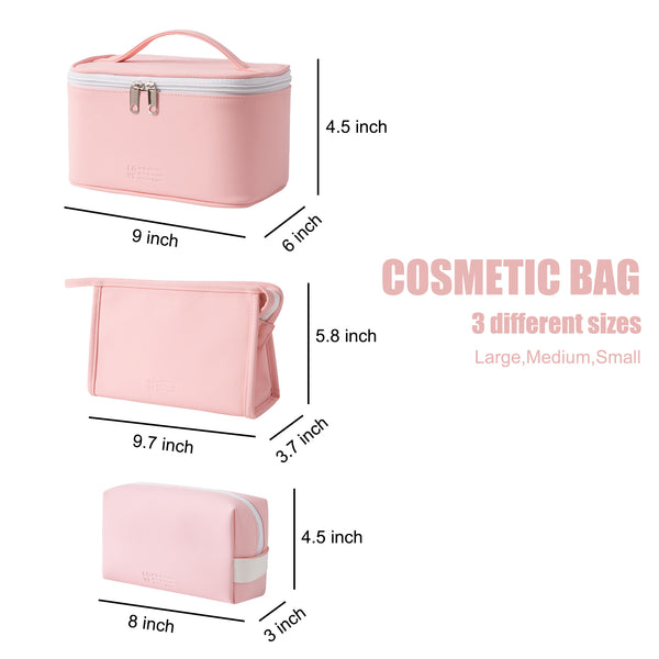 MIRASON Cosmetic Bag Set of 3 Makeup Bag for Purse Pouch Travel Beauty Zipper Organizer Bag Gifts for Women, PU Leather Washable Waterproof (Pink)