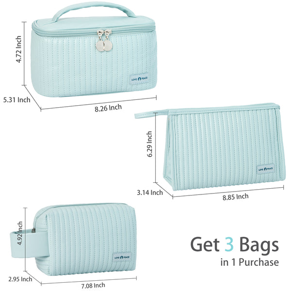 MIRASON Makeup Bag Set of 3 Cute Cosmetic Travel Bag Organizer Pouch Set for Women PU Leather Waterproof Toiletry Bag 3 Piece Set, Light Blue