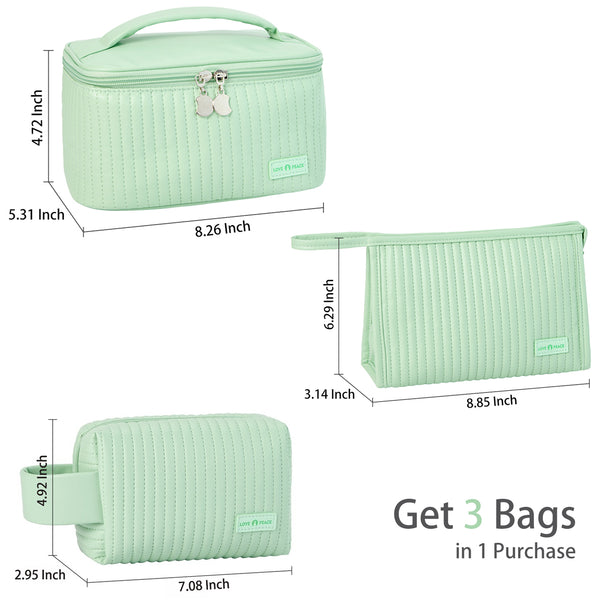 MIRASON Makeup Bag Set of 3 Cute Cosmetic Travel Bag Organizer Pouch Set for Women PU Leather Waterproof Toiletry Bag 3 Piece Set, Green