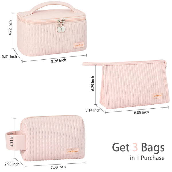 MIRASON Makeup Bag Set of 3 Cute Cosmetic Travel Bag Organizer Pouch Set for Women PU Leather Waterproof Toiletry Bag 3 Piece Set, Light Pink