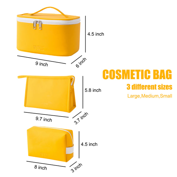 MIRASON Cosmetic Bag Set of 3 Makeup Bag for Purse Pouch Travel Beauty Zipper Organizer Bag Gifts for Women, PU Leather Washable Waterproof (Yellow)