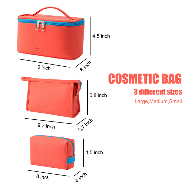 MIRASON Cosmetic Bag Set of 3 Makeup Bag for Purse Pouch Travel Beauty Zipper Organizer Bag Gifts for Women, PU Leather Washable Waterproof (Orange)