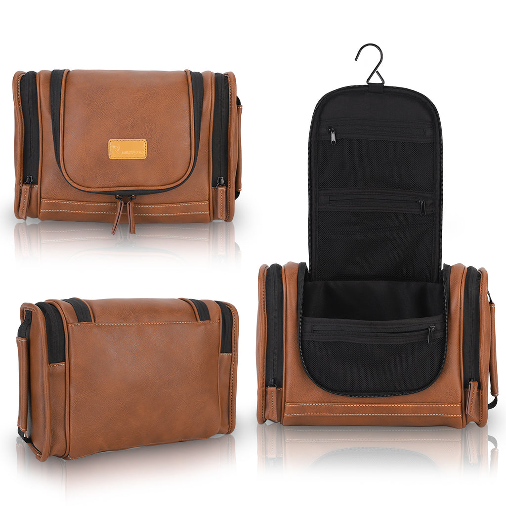 doppsk waterproof & leak-proof travel toiletry bag brown Bison Leather Dopp - Shaving or Bag hair brush Skog A Kust DoppSak Waterproof