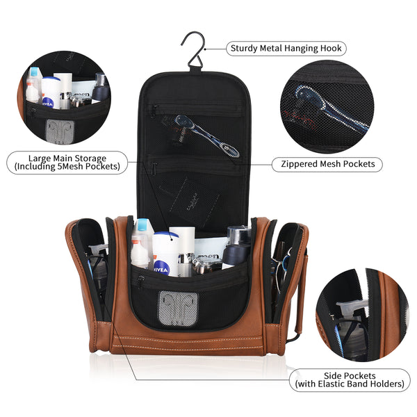 Hanging Toiletry Bag for Men Dopp Kit Waterproof Leather Travel Organizer - Brown