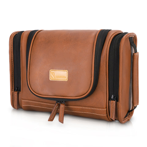 Hanging Toiletry Bag for Men Dopp Kit Waterproof Leather Travel Organizer - Brown